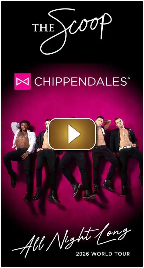 Chippendales dancers posing against a pink background.