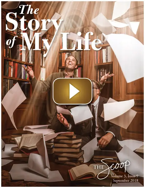 Woman surrounded by flying papers and books in a cozy library.