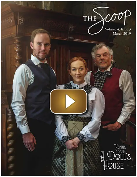 Three actors in vintage costumes posing for a theatrical production poster.