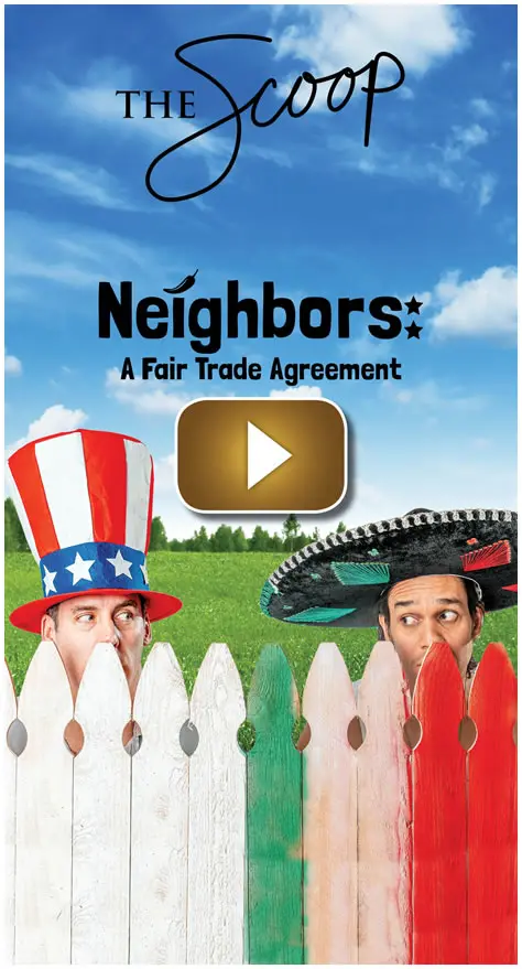 Animated characters in Uncle Sam and sombrero hats behind a fence in a fair trade themed image.