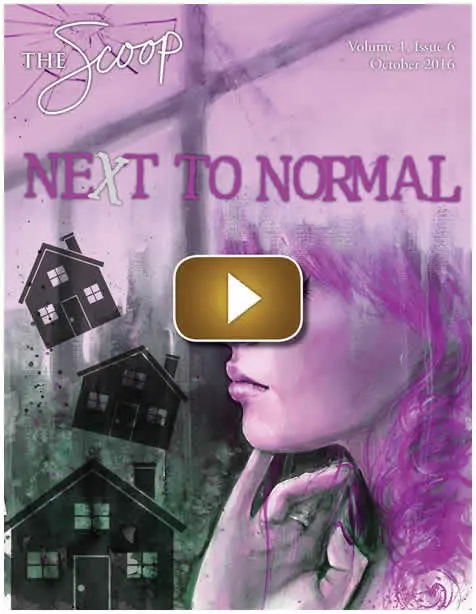 Artistic image blending a woman's profile with houses and the phrase 'Next to Normal'.