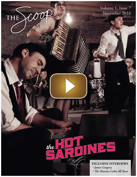 Vintage-style photo of a band with instruments and a microphone.