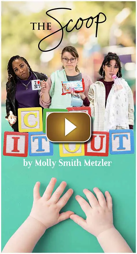 Cover of 'Cut It Out' by Molly Smith Metzler featuring three women holding letters.