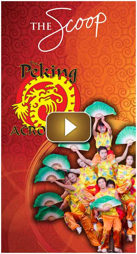Colorful poster for Peking Acrobats performance with dancers and dragon motif.