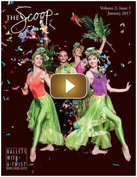 Three ballet dancers in colorful costumes performing on stage with festive decorations.