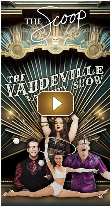 A vintage-style poster for The Vaudeville Show with three performers.